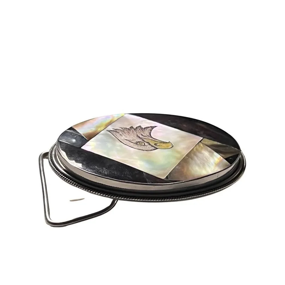 Vintage Abalone & Black Onyx Inlay Eagle Head Belt Buckle